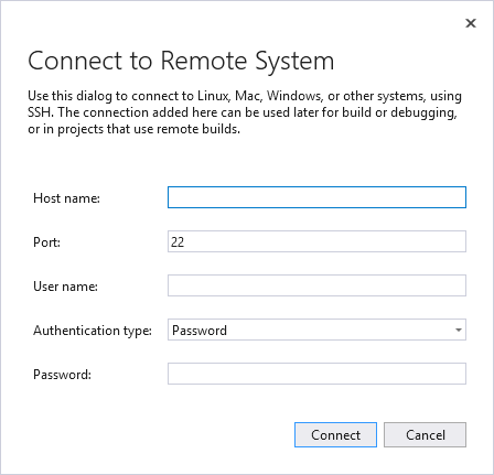 Captura de pantalla en la que se muestra la ventana Conectar con el sistema remoto, que tiene cuadros de texto para el nombre de host, el puerto, el nombre de usuario, el tipo de autenticación y la contraseña.