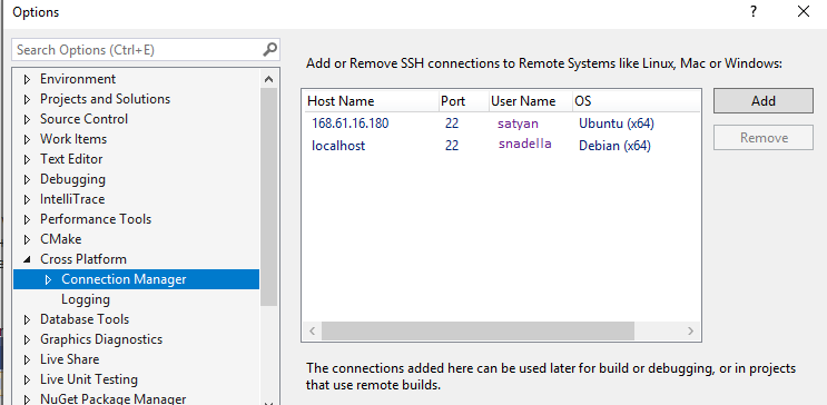 Captura de pantalla en la que se muestra el cuadro de diálogo Opciones con la opción Multiplataforma > Administrador de conexiones seleccionada.