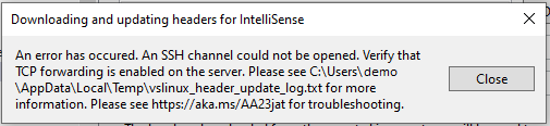 Captura de pantalla de un mensaje de error de Visual Studio que indica que no se pudo abrir el canal SSH. Se proporciona la ruta de acceso a un archivo de registro.