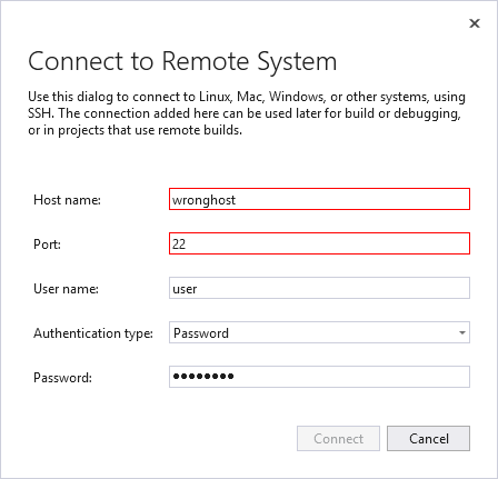 Captura de pantalla de la ventana Conectar con el sistema remoto que tiene cuadros de texto de puerto y nombre de host en rojo para indicar que deben cambiarse.