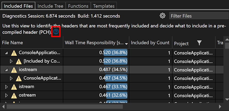 Captura de pantalla de la ventana Build Insights con el botón ver explicaciones (un signo de interrogación en un círculo) resaltado.