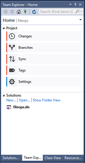 Captura de pantalla de la ventana Team Explorer en Visual Studio 2017.
