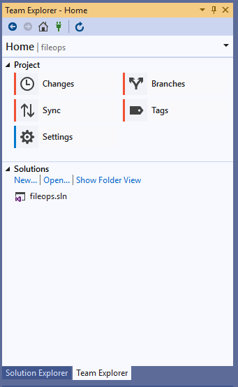 Captura de pantalla de la ventana Team Explorer en Visual Studio 2019.