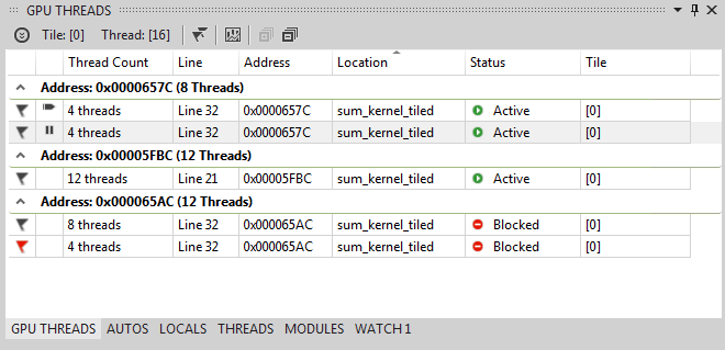 GPU Threads window with threads grouped by Address.