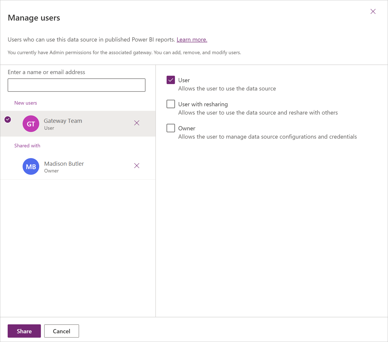 Image of the Manage users dialog box, with a new user emphasized, and the User role selected.