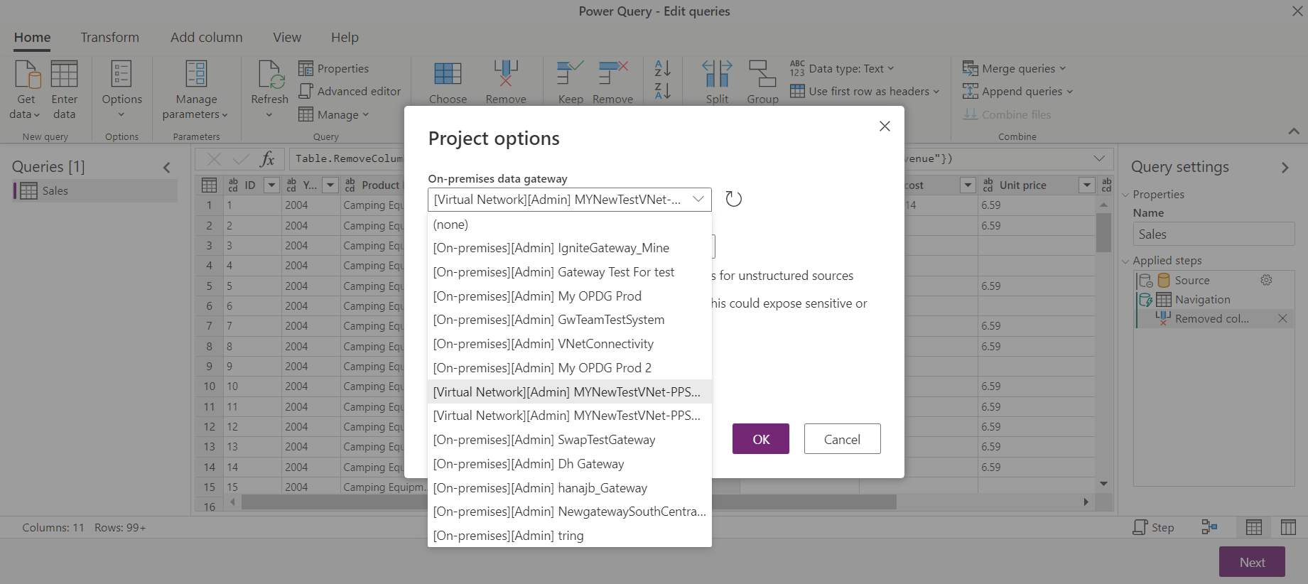 Captura de pantalla que muestra el cuadro de diálogo de opciones de proyecto de Power Query que contiene las opciones de puerta de enlace de datos de VNet que puede cambiar mientras edita su flujo de datos.