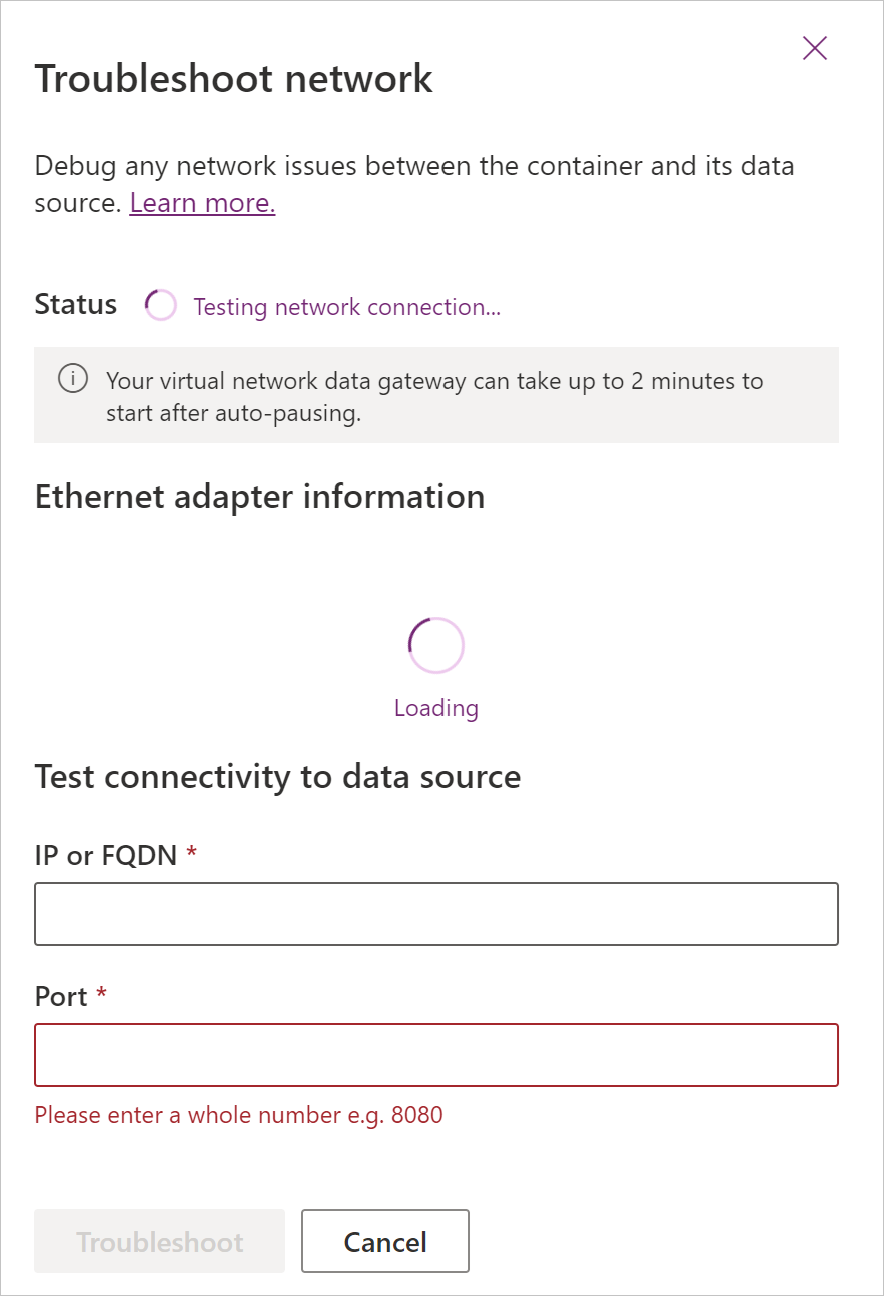 Captura de pantalla del panel Solucionar problemas de red mientras se prueba la conexión de red.