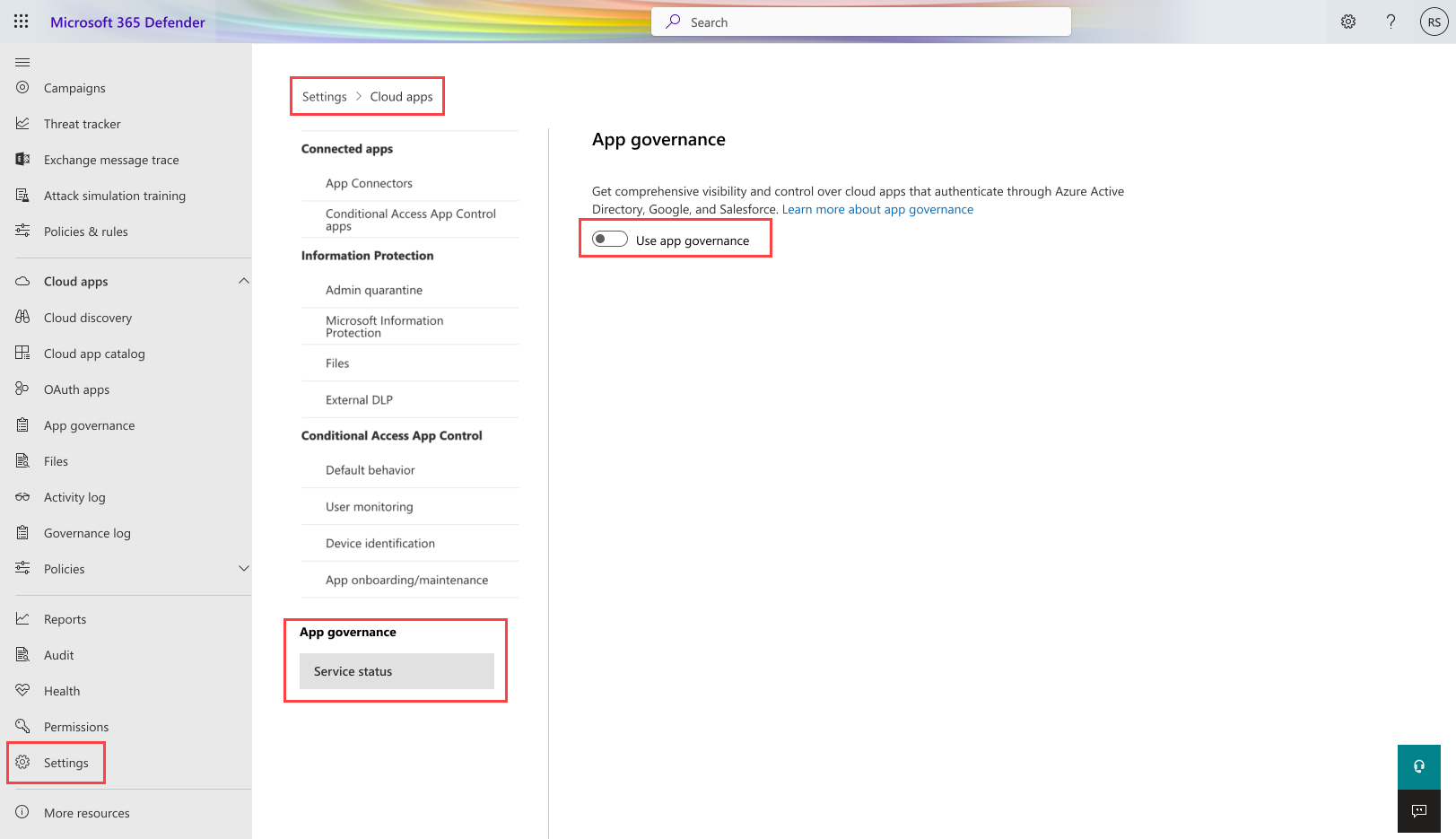 Screenshot of the App governance toggle in Microsoft Defender XDR.