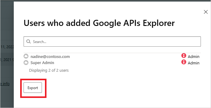 Captura de pantalla que muestra la exportación de la auditoría de aplicaciones de OAuth.