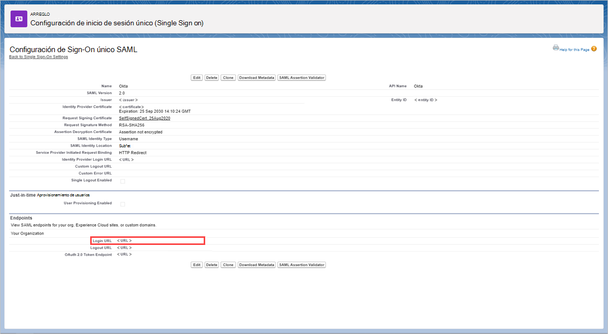Captura de pantalla de la página de configuración de inicio de sesión único SAML de Salesforce que muestra el campo URL de inicio de sesión.
