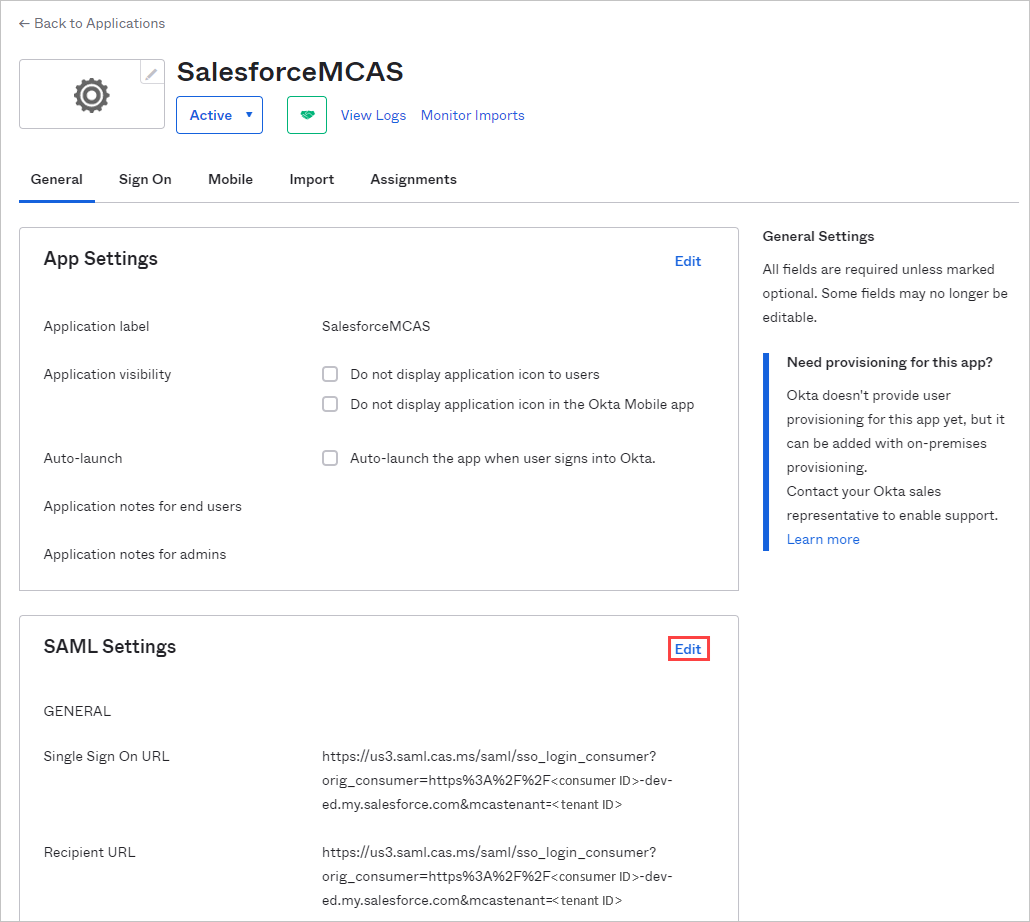 Captura de pantalla de la consola de administración de Okta que muestra la pestaña General de la aplicación personalizada con la configuración de SAML y la opción Editar.