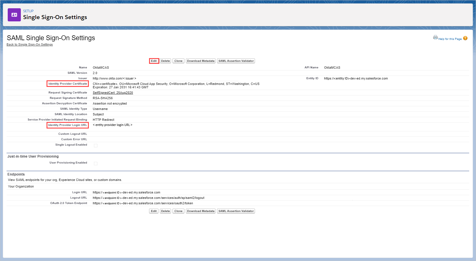 Captura de pantalla de la página Salesforce Single Sign-On Settings (Configuración de Salesforce Single Sign-On) en la que se muestran los campos de configuración de SSO actualizados.