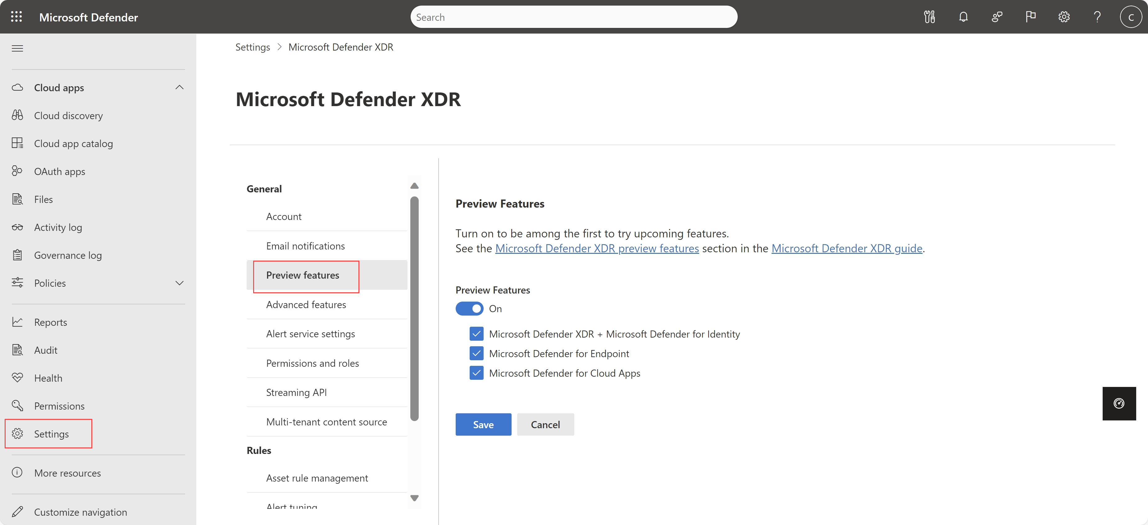 Captura de pantalla de la página de configuración de características en vista previa (GB) de Microsoft Defender XDR.