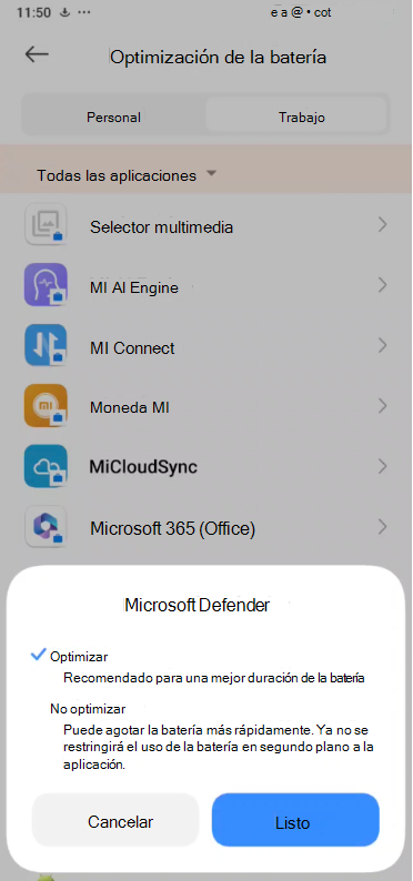 Imagen de la lista desplegable Microsoft Defendere Optimize