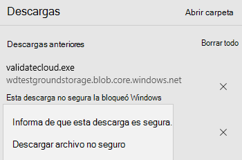 Listas la descarga como no segura, pero proporciona una opción para continuar con la descarga