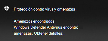 Microsoft Defender notificación Detección de amenazas antivirus proporciona opciones para obtener detalles