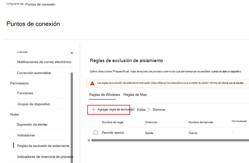 Captura de pantalla que muestra cómo agregar una nueva regla de exclusión de aislamiento.
