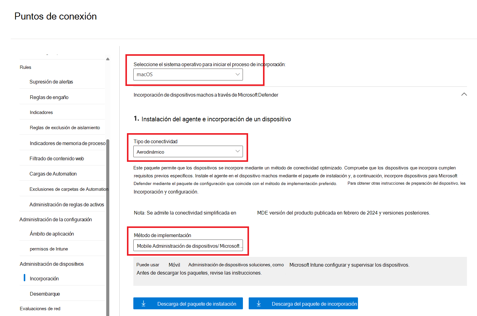 Captura de pantalla de la página Incorporación con el método de implementación Mobile Administración de dispositivos o Microsoft Intune resaltado.