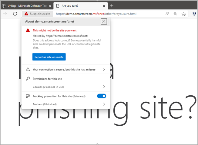 SmartScreen alerta al usuario de que el sitio es potencialmente un sitio de suplantación de identidad y posiblemente no es seguro