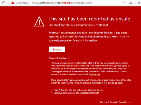 SmartScreen notifica que el sitio es conocido por contener amenazas de suplantación de identidad (phishing)