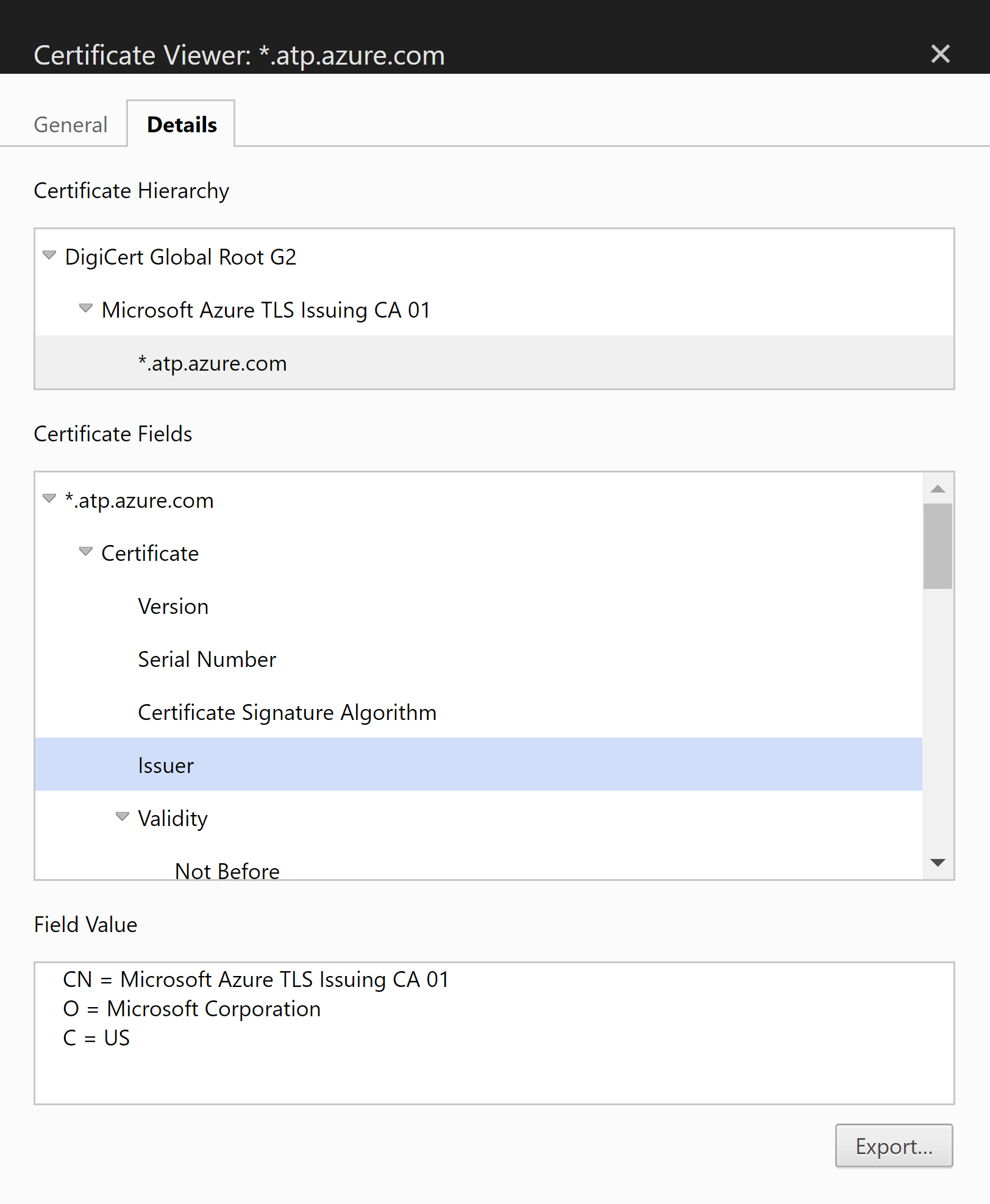 Captura de pantalla de la ruta de acceso del certificado necesaria.