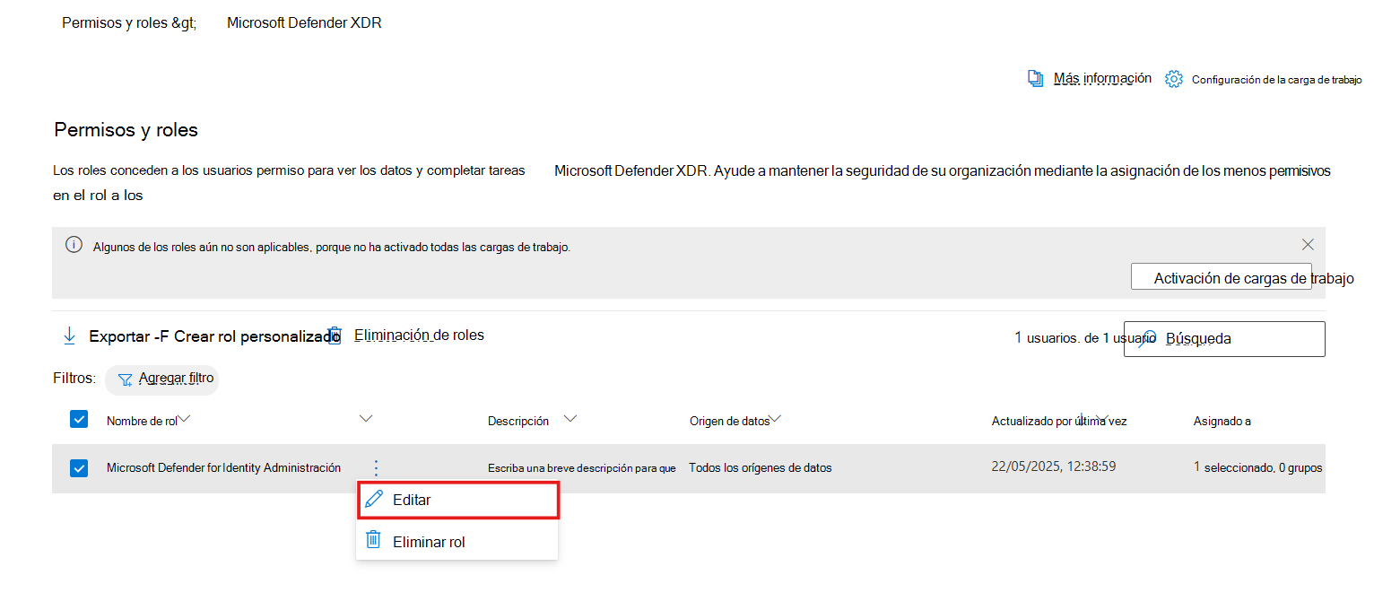 Captura de pantalla que muestra cómo editar un rol personalizado.