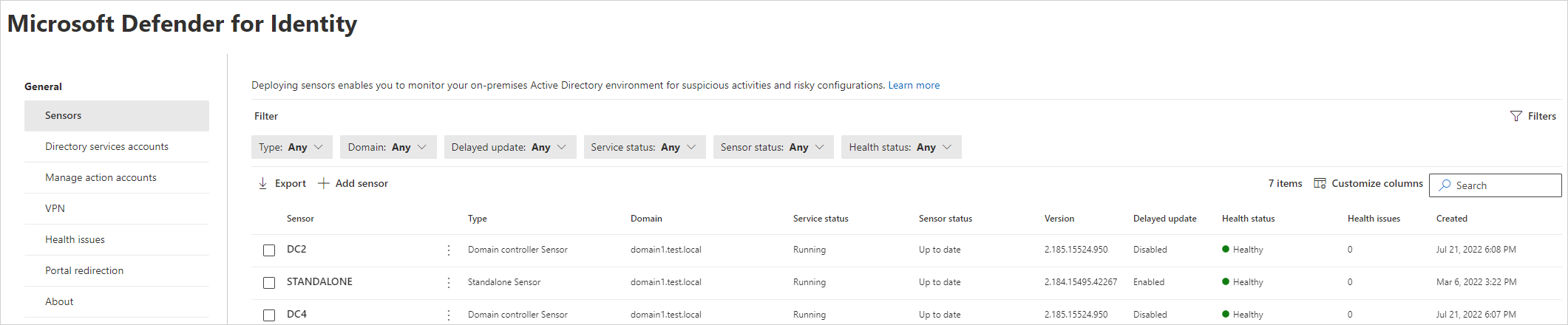 Captura de pantalla que muestra dónde encontrar la página de sensores en el portal de Microsoft Defender.