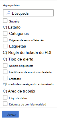 Todos los filtros disponibles en la cola De alertas en el portal de Microsoft Defender