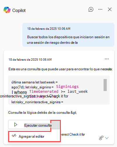 Captura de pantalla de Copilot for Security en búsqueda avanzada que muestra la opción Agregar al editor.