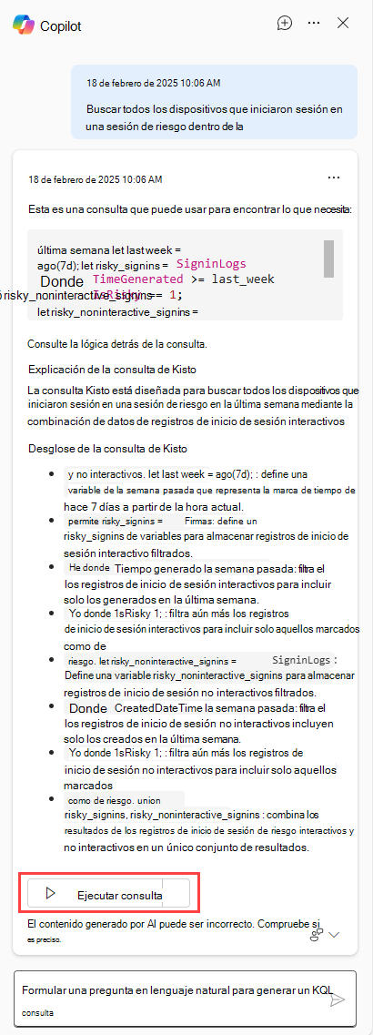 Captura de pantalla del botón Copilot que muestra Agregar la consulta al editor de consultas y ejecutarla.