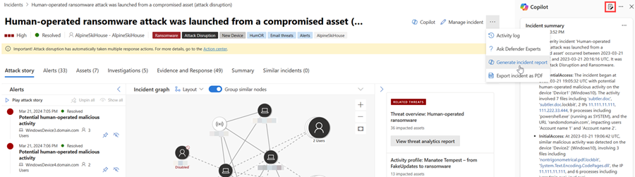 Captura de pantalla en la que se resaltan los botones de informe e icono de informe generados en la página del incidente.