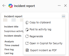 Captura de pantalla de acciones adicionales en la tarjeta de resultados del informe de incidentes.