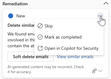 Captura de pantalla que resalta las opciones disponibles para los usuarios en una tarjeta de respuesta guiada en el panel lateral de Copilot.