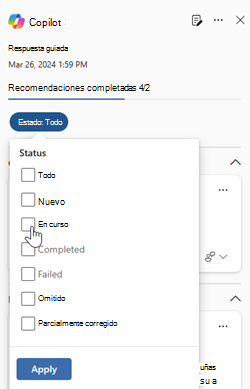 Captura de pantalla que resalta el estado de las respuestas en el panel Copilot de la página Microsoft Defender incidente.