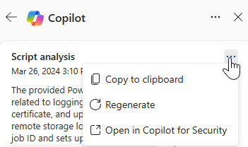 Captura de pantalla que resalta la opción Más acciones en la tarjeta de análisis de scripts de Copilot.