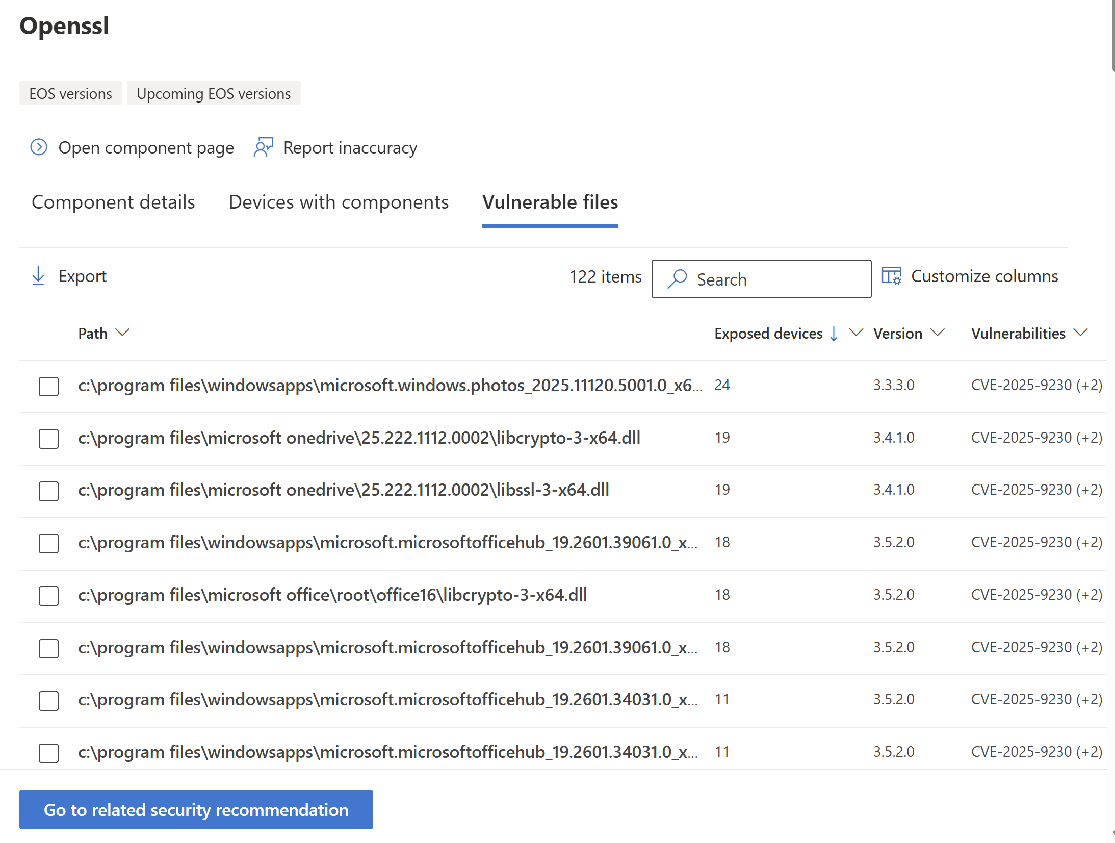 Ejemplo de la página Archivos vulnerables de componentes de software.