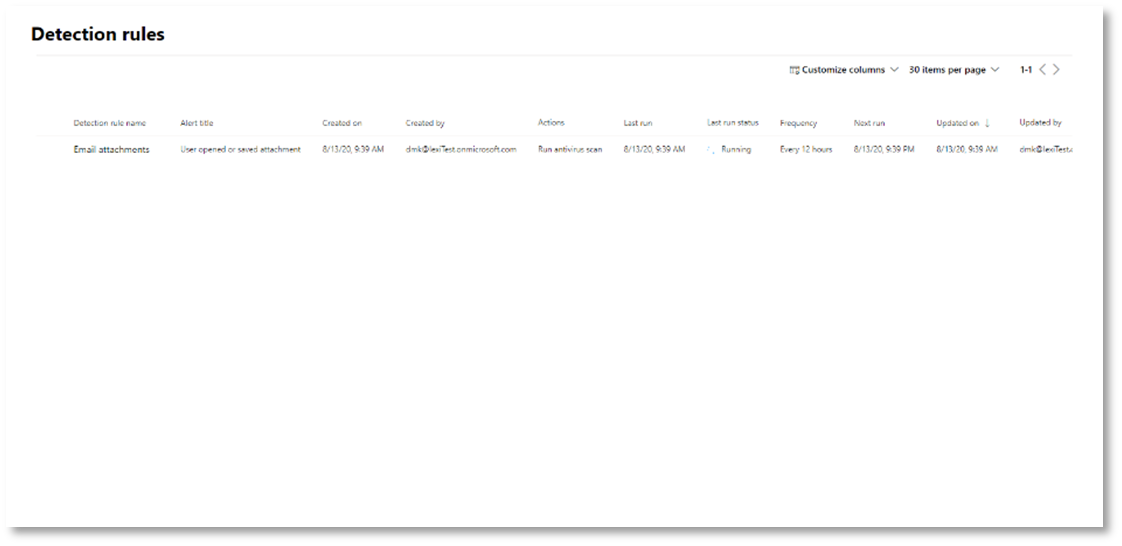 Captura de pantalla de la página que muestra las reglas de detección y los detalles de ejecución en el portal de Microsoft Defender.