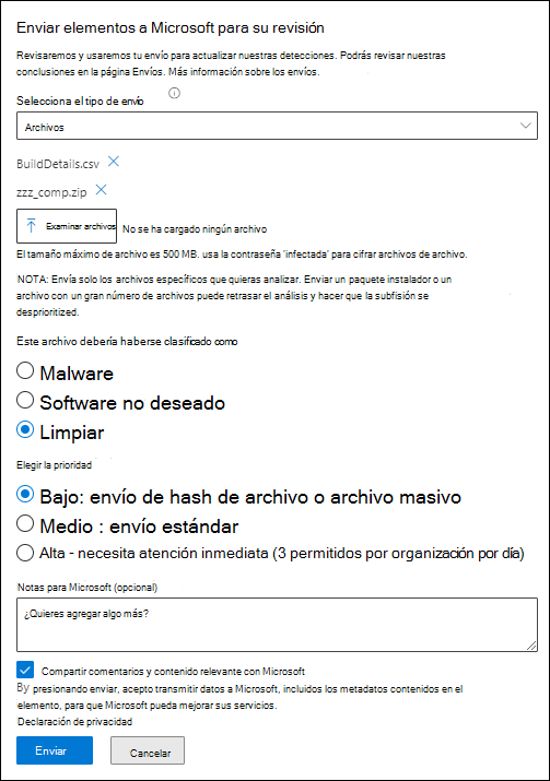 Captura de pantalla que muestra cómo enviar archivos.