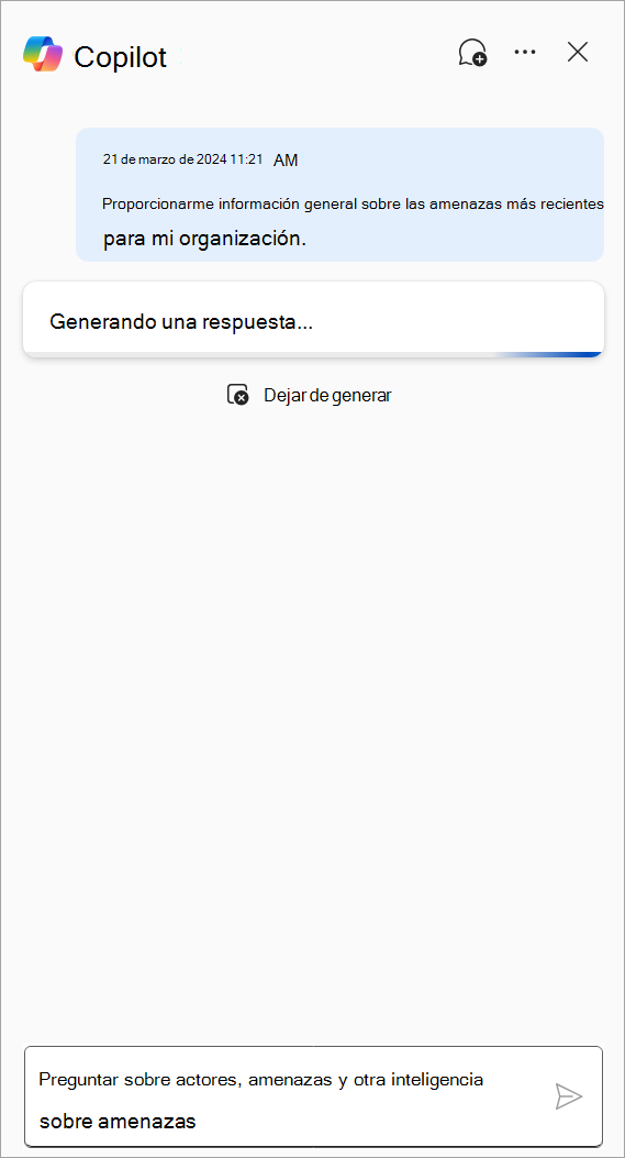 Captura de pantalla de Copilot en Defender que genera una respuesta al mensaje 