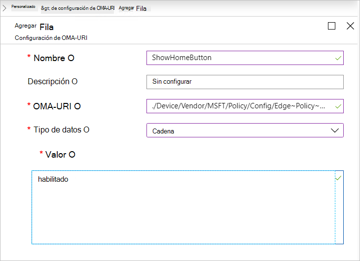 Agregar fila, configuración OMA-URI personalizada