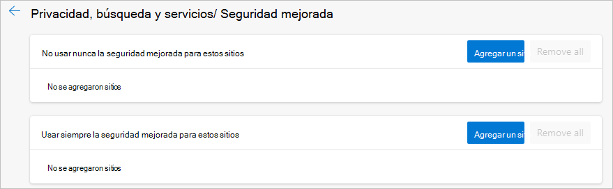 Página de configuración para configurar excepciones de seguridad