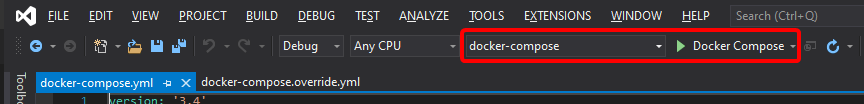 Captura de pantalla de la barra de herramientas de depuración de Visual Studio ejecutando un proyecto docker-compose.