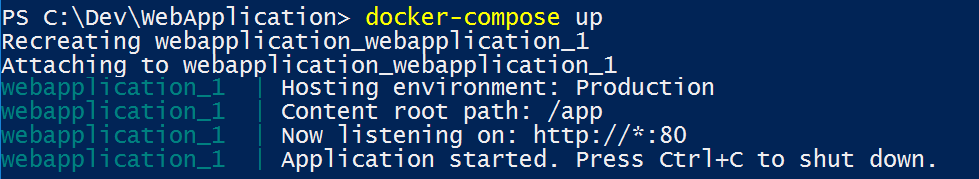 Vista de pantalla de la ejecución del comando docker-compose up