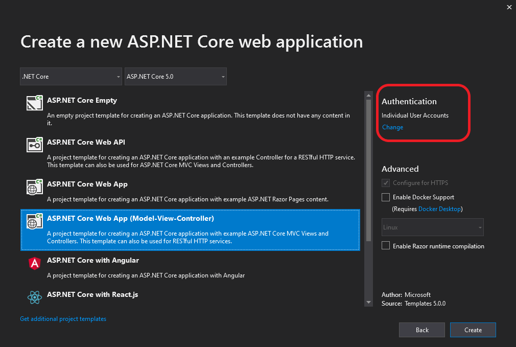 Captura de pantalla del cuadro de diálogo Nueva aplicación web ASP.NET Core.