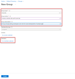 Captura de pantalla que muestra cómo rellenar el formulario para crear un nuevo grupo de Azure Active Directory para la aplicación. Esta captura de pantalla también muestra la ubicación del vínculo que se debe seleccionar para agregar miembros a este grupo.