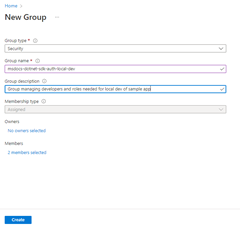 Captura de pantalla de la página Nuevo grupo que muestra cómo completar el proceso con la selección del botón Crear.