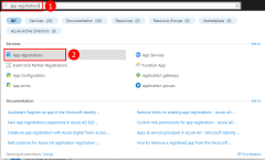 Captura de pantalla que muestra cómo usar la barra de búsqueda de la parte superior en Azure Portal para localizar la página Registros de aplicaciones y navegar hasta ella.