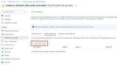 Captura de pantalla que muestra la ubicación del vínculo que debe usarse para crear un nuevo secreto de cliente en la página de certificados y secretos.