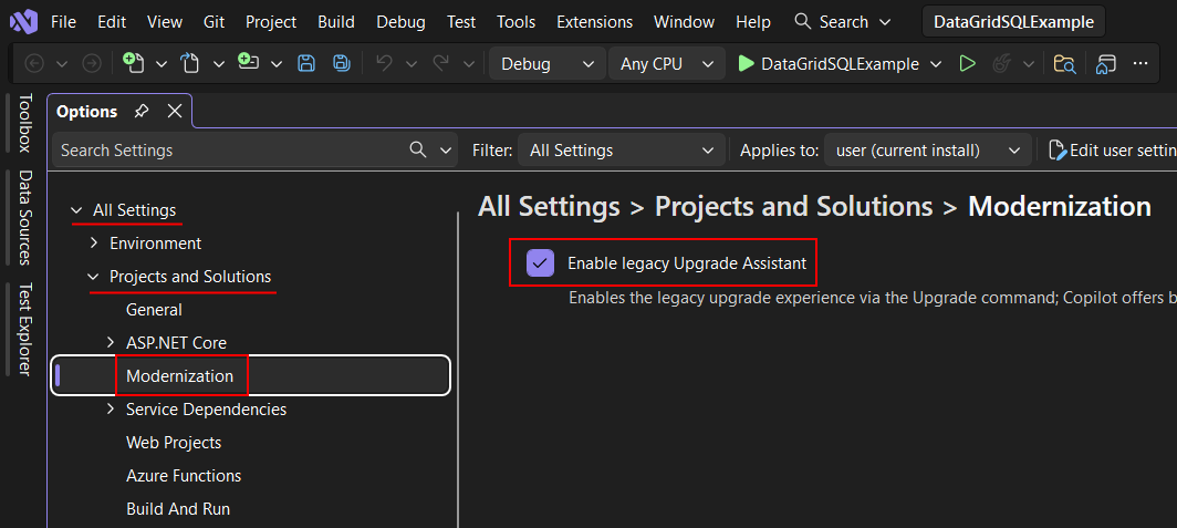 Captura de pantalla que muestra la ventana de opciones de Visual Studio con la página Configuración de modernización abierta.