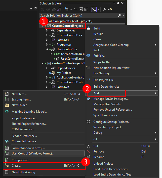Haga clic con el botón derecho en el Explorador de soluciones de Visual Studio para agregar un control de usuario a un proyecto de Windows Forms.